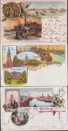 165443 3 Ansichtskarte Künstlerkarte Duisburg Hochfeld Litho 1898 Rheinbrücke Werk Vulkan