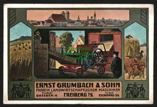 146238 Ansichtskarte Freiberg Sachsen Landmaschinen Ernst Grumbach & Sohn 1912 Ausstellung