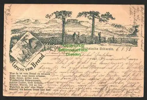 146474 Ansichtskarte Sächsische Schweiz Vorläufer 1892 Gruss vom Brand mit Gedicht