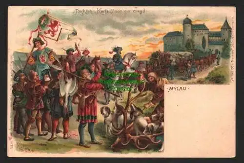 143982 Ansichtskarte Mylau Litho um 1900 Rückkehr Karl`s IV. von der Jagd Verlag d Mylauer