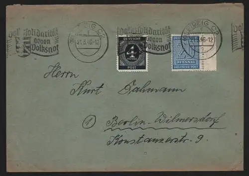 B12415 SBZ 134 Y Brief Leipzig Werbestempel Volkssolidarität 1946