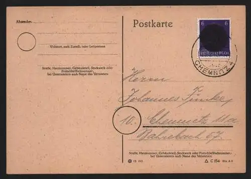 B12433 SBZ Ostsachsen Sächsische Schwärzung Hitler Postkarte Glösa über Chemnitz