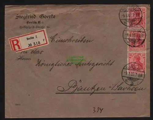 B12051 Brief DR Germania Einschreiben Berlin nach Bautzen 1907 86 I MeF an Amts