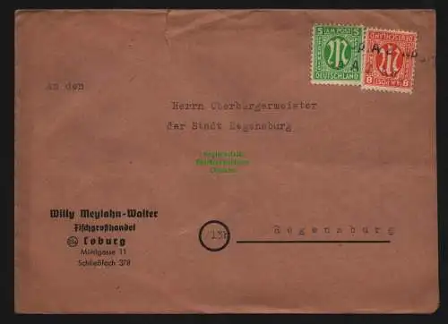 B11955 Brief BAZ Coburg an Oberbürgermeister Regensburg Notstempel