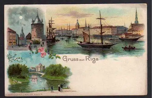 86505 Ansichtskarte Riga Litho um 1900 Pulverturm Stadtcanal Dünaquai