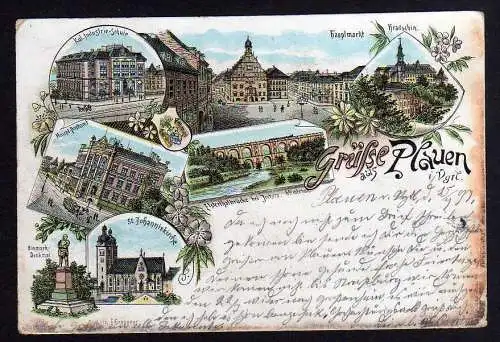 78713 AK Litho Plauen V. Hauptmarkt Kaiserliches Postamt 1897 Industrie Schule