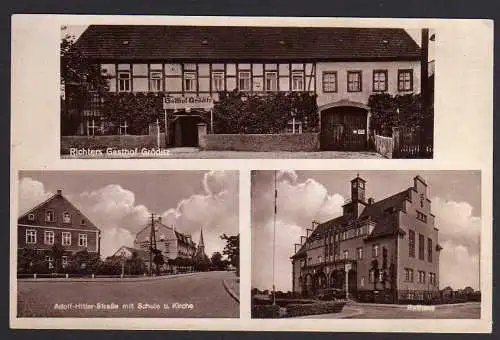 64276 Ansichtskarte Gröditz Richters Gasthof Schule Kirche Rathaus