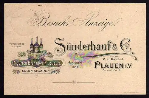 64608 Ansichtskarte Plauen Sünderhauf & Co. Cigarren Branntwein