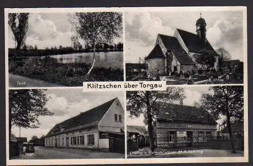 64449 Ansichtskarte Klitzschen 1944 Gasthof Colonial- u. Materialwarenhandlung Kirche Teich