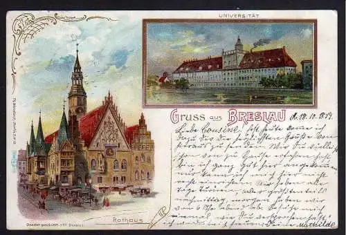 82097 Ansichtskarte Breslau Schlesien 1899 Litho Universität Rathaus