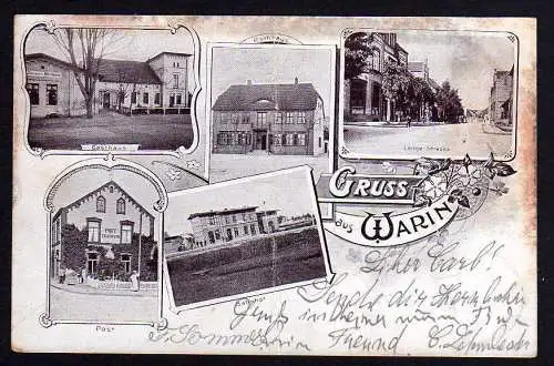 74074 Ansichtskarte Warin i. M. Bahnhof Gasthaus Post Telegraph Rathaus Kr. Sternberg 1900