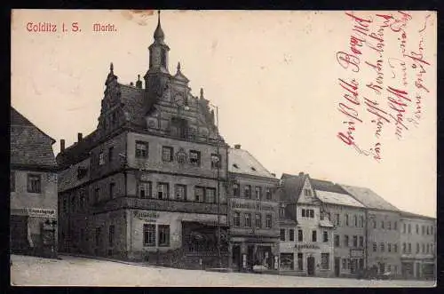 66706 Ansichtskarte Colditz S. Markt Ratskeller Apotheke 1911