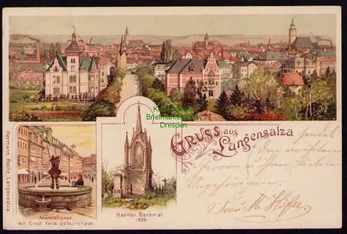 172547 Ansichtskarte  Langensalza 1899 Litho Hannov. Denkmal Marktstraße Geburtshaus