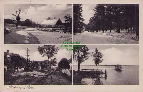 170443 Ansichtskarte Altwarp Stettiner Haff 1941 Nachgebühr Windmühle Dorfstraße