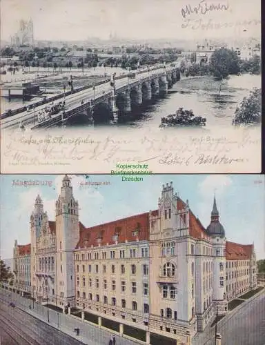 170474 2 Ansichtskarte Magdeburg Totalansicht Brücke Elbe 1899 Justizpalast 1907