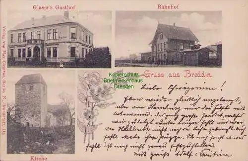 170008 AK Breddin Prignitz 1903 Bahnhof Glasers Gasthof Kirche