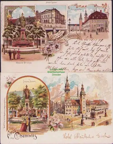 165660 2 Ansichtskarte Litho Chemnitz Hauptmarkt Stadttheater Saxonia Brunnen 1899 1901