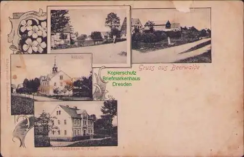 165573 Ansichtskarte Beerwalde um 1900 Schule Geschäftshaus G. Fuchs Dorfstraße