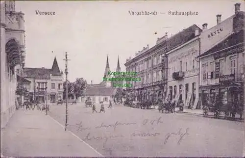 165495 Ansichtskarte Versecz Városház-tér Rathausplatz HOTEL 1915 Feldpost Reserve Fernspre