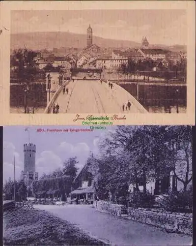 165570 2 Ansichtskarte Jena Camsdorfer Brücke 1918 Forsthaus mit Kriegerdenkmal Feldpost