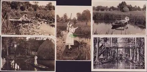 165049 5 Ansichtskarte Spreewald Fotokarte Tracht Kahn 1930 Lübbenau Lehde Burg 1954