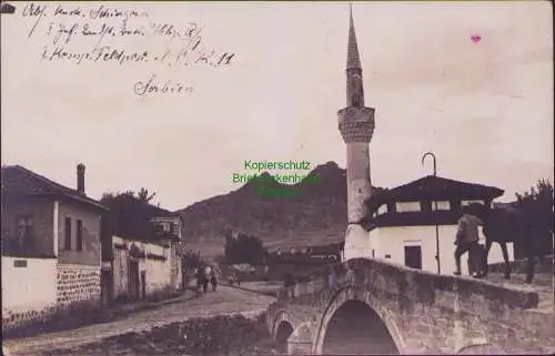 165076 Ansichtskarte Fotokarte Serbien Minarett Brücke Feldpost 1916