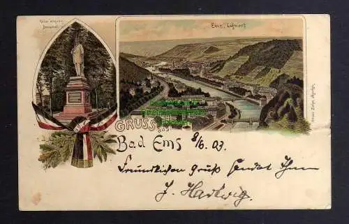 130134 Ansichtskarte Bad Ems Litho 1903 Kaiser Wilhelm Denkmal