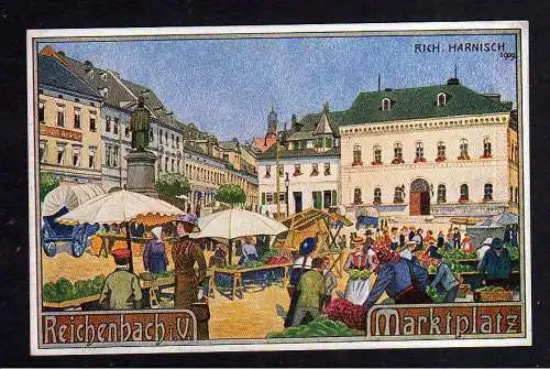 102312 Ansichtskarte Reichenbach i. Vogtland Künstlerkarte Harnisch 1909 Marktplatz Marktta