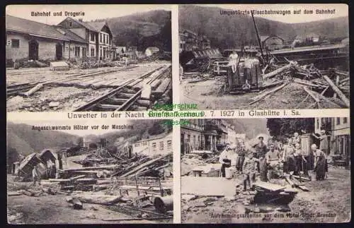 173641 Ansichtskarte Glashütte Unwetter Unglück Katastrophe 1927 Bahnhof Drogerie