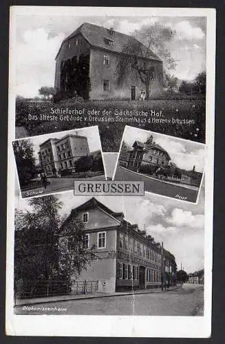 79861 Ansichtskarte Greußen Post Schule Diakonissenheim Schieferhof Sächsischer Hof 1942