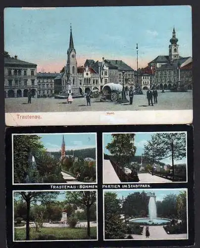 80113 2 Ansichtskarte Trautenau Markt 1911 4 Bilder Stadtpark 1913