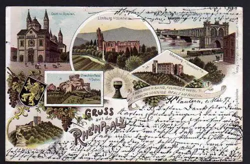 78332 Ansichtskarte Litho Rheinpfalz Speier Limburg Drachenfels Maxburg 1897 Rheinbrücke