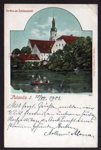 77542 Ansichtskarte Pulsnitz Schlossteich Kirche 1901