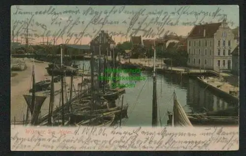 137704 Ansichtskarte Wismar 1906 Der Hafen rechts Gasthaus Hafen-Halle