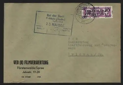 B13941 DDR ZKD Brief 1957 11 5007 Fürstenwalde VEB Filmverwertung  an Sachsenrin