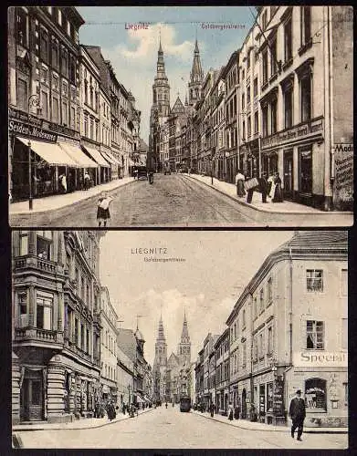 53931 2 AK Vorderseiten Liegnitz Goldbergerstrasse Bäckerei Geschäfte um 1910