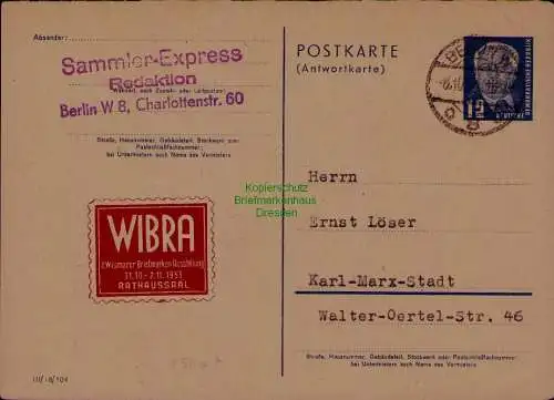 B21601 DDR Ganzsache P 51 A Antwortteil gebraucht Sammler express WIBRA 1953