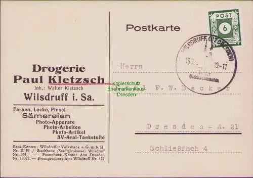 B21553 Postkarte SBZ 43 Ostsachsen  Wilsdruff 1945 nach Dresden Firmenbedarf
