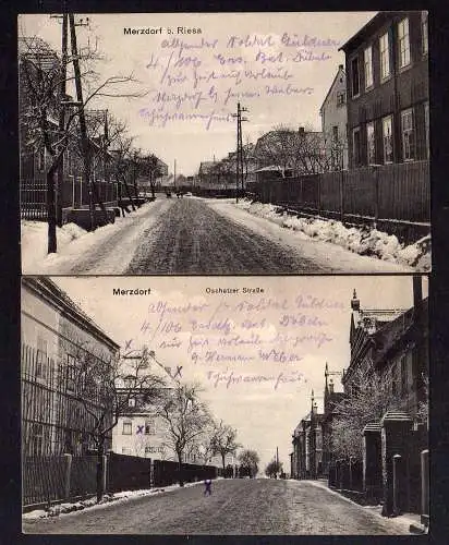 102073 2 AK Merzdorf Riesa Oschatzer Straße 1915 Winterbild Feldpost