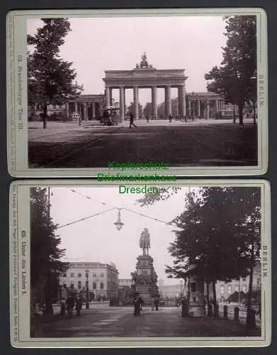 117582 2x Berlin Kabinettfoto um 1880 Brandenburger Tor Pferdebahn Denkmal unter