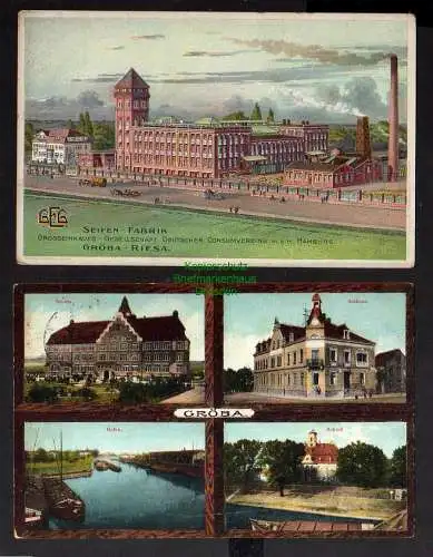 124859 2 AK Riesa Gröba Schule Rathaus Hafen Schloss 1912 Seifen Fabrik