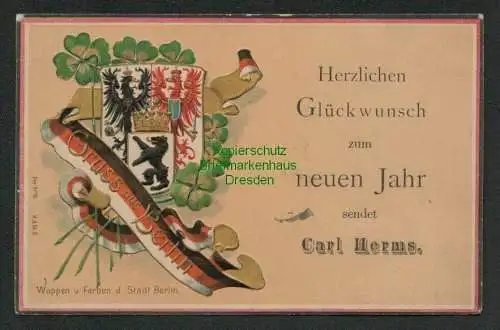 137521 AK Wappen und Farben der Stadt Berlin Wappenprägekarte 1900 Neues Jahr
