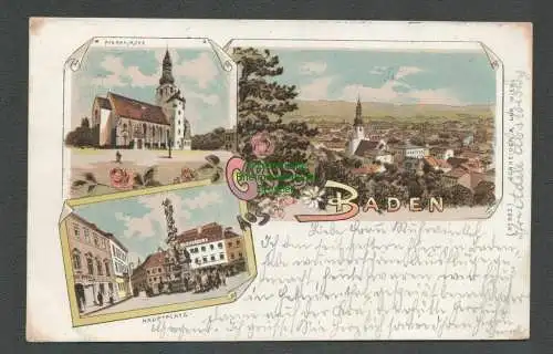 138598 AK Baden bei Wien Niederösterreich 1897 Litho Hauptplatz Pfarrkirche