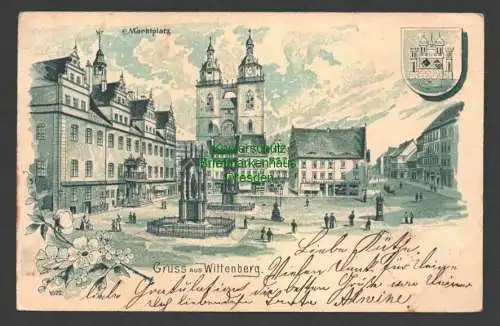 140908 AK Lutherstadt Wittenberg Litho Marktplatz Brunnen Wappen Pratau 1900