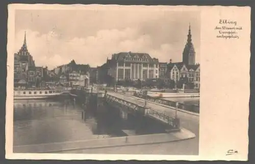 141762 AK Elbing Fotokarte Brücke Dampfer Anlegeplatz 1932