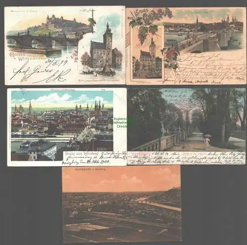 141948 5 AK Würzburg Litho 1903 Alte Mainbrücke Festung Panorama 1906