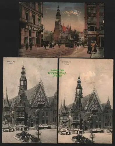 142363 3 AK Breslau Blick auf den Ring Automat Restaurant 1916 Rathaus 1905