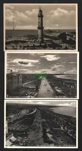 142864 3 AK Ostseebad Warnemünde Leuchtturm Teepavillon 1932 Strandpromenade 