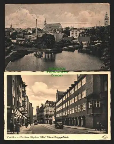 143157 2 AK Cottbus Kirche 1917 Feldpost Berliner Strraße Städt. Verwaltung 1940