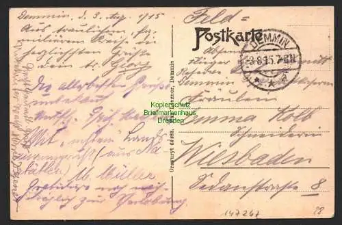 147267 AK Demmin i. P. Augustaplatz 1915 Feldpost nach Wiesbaden